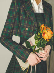 Retro Preppy Strapped Plaid Blazer Jacket + Suspender Dress Spring Autumn 2pcs Suit Vintage Dark Green Palace Style Set voguable