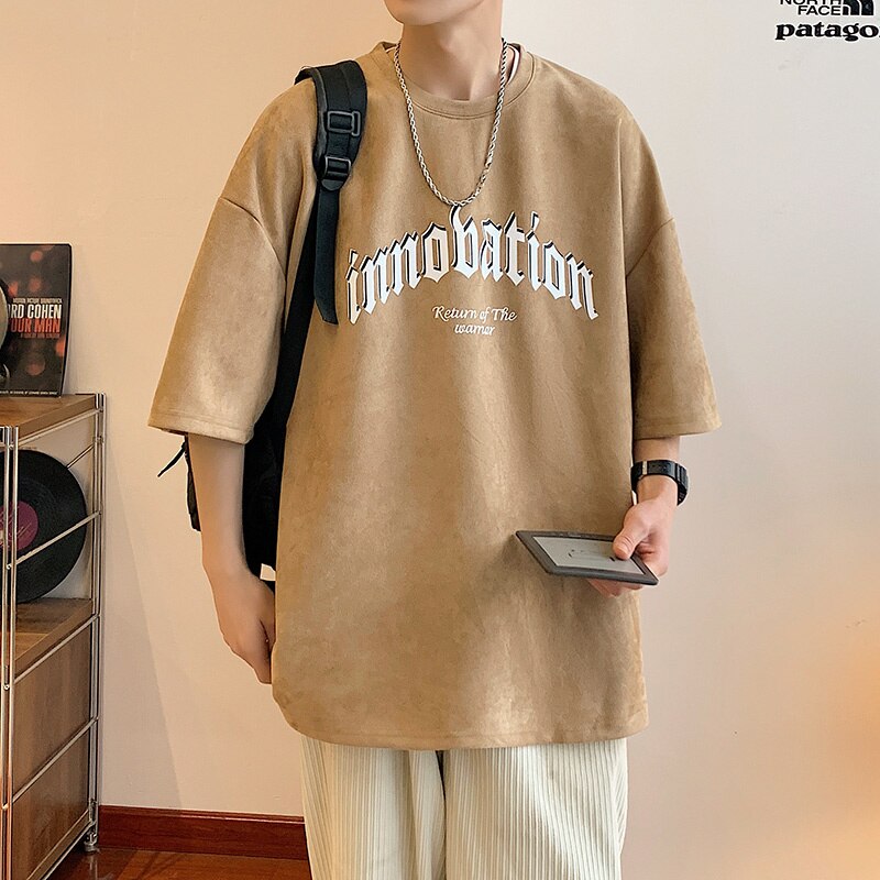 Summer New Casual Letter Printing T-shirt Mens Suede Loose Fitting Tops Japanese Style Trend Y2k Male Tees Short Sleeve voguable