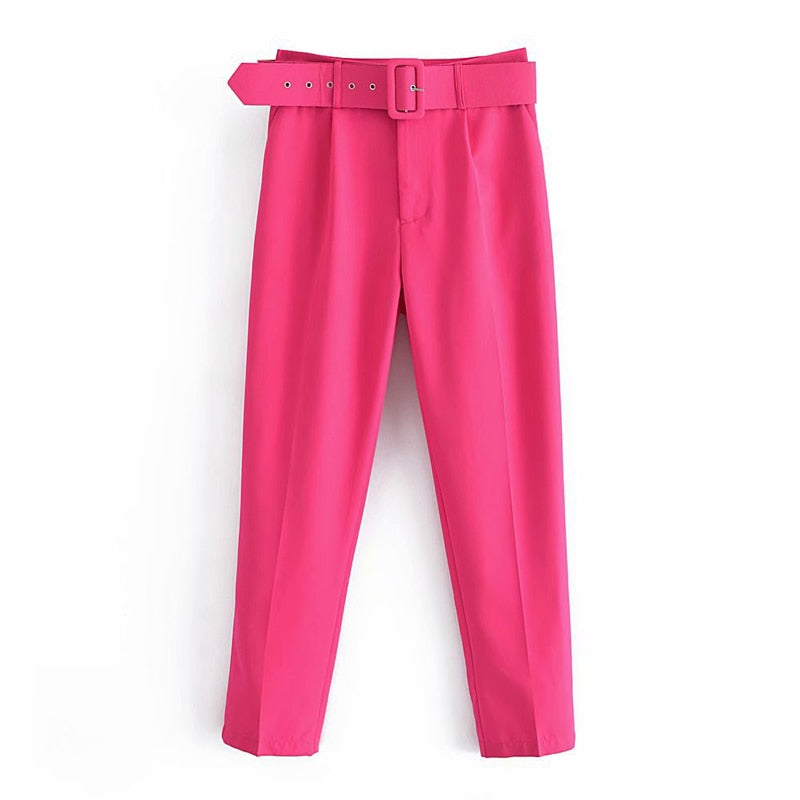 Voguable  Women's Pants High Waist With Belt Classic Pockets Office Lady Ankle Length Trousers Female 2022 Spring Fashion Pink Harem Pants voguable