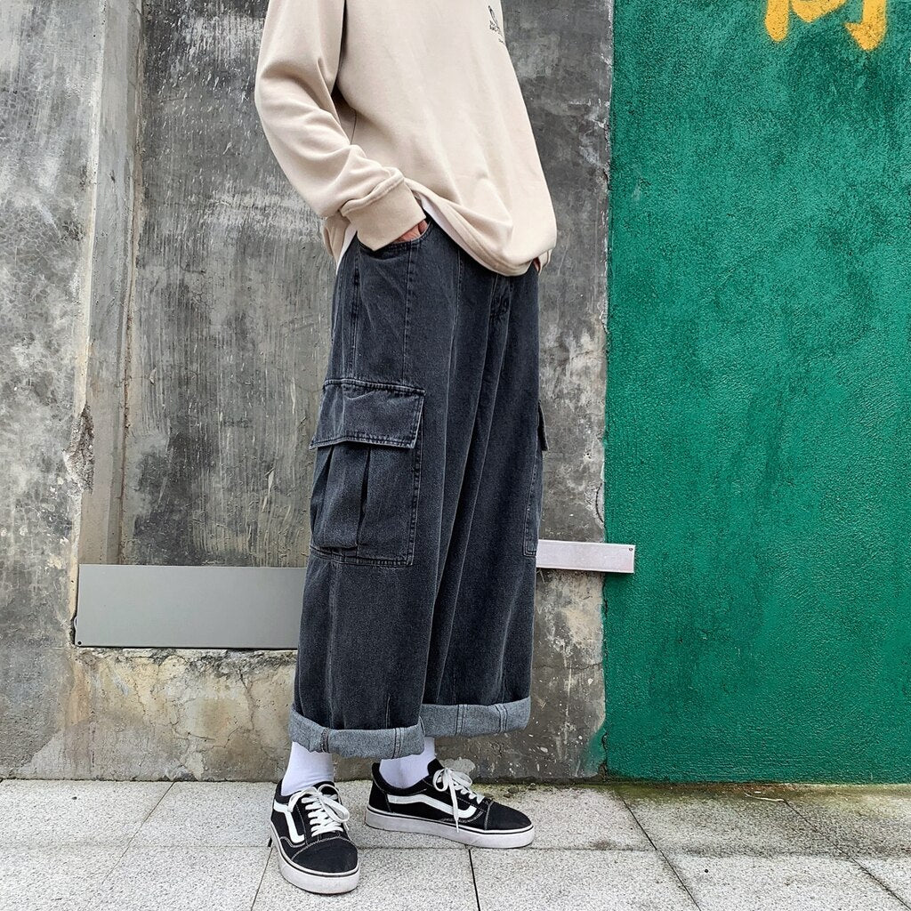 Baggy Jeans Men Big Pockets Solid Leisure Vintage Denim Hipster Korean Style Males Trousers Large Size S-3XL Teenagers All-match voguable