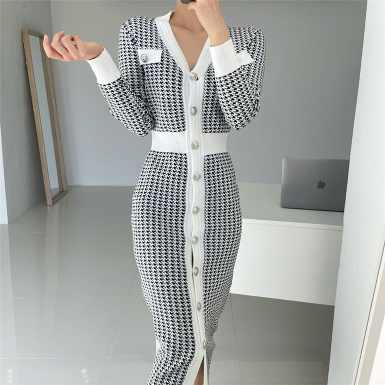 Women Autumn Casual Bodycon Slim Midi Party Dress Office Ladies Elegant Vintage Warm Houndstooth Vestidos Femme Fashion Robe voguable