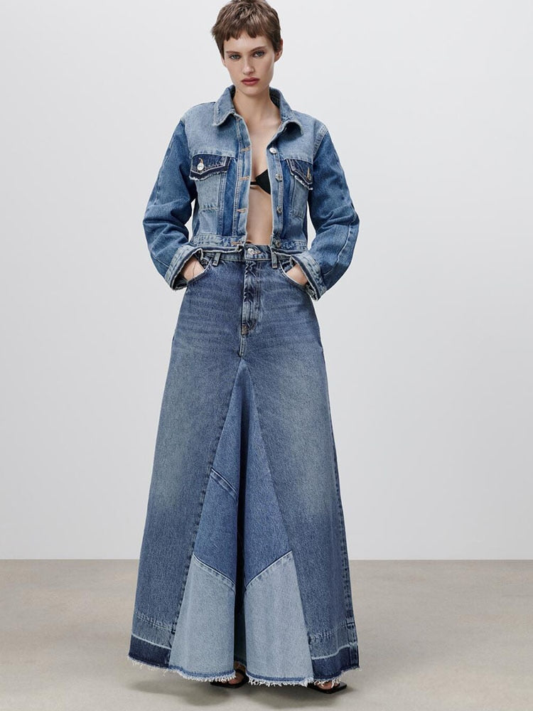 Voguable  denim skirt 2022 spring new women's clothing Versatile fashion high waist contrast color patchwork casual denim skirt series voguable