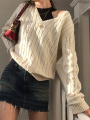Voguable  Brandy Mandy Sweaters Women White Knit Sweater Autumn Winter V Neck Long Sleev Knitted Sweater Navy Pullover Brandy Girl Sweater voguable