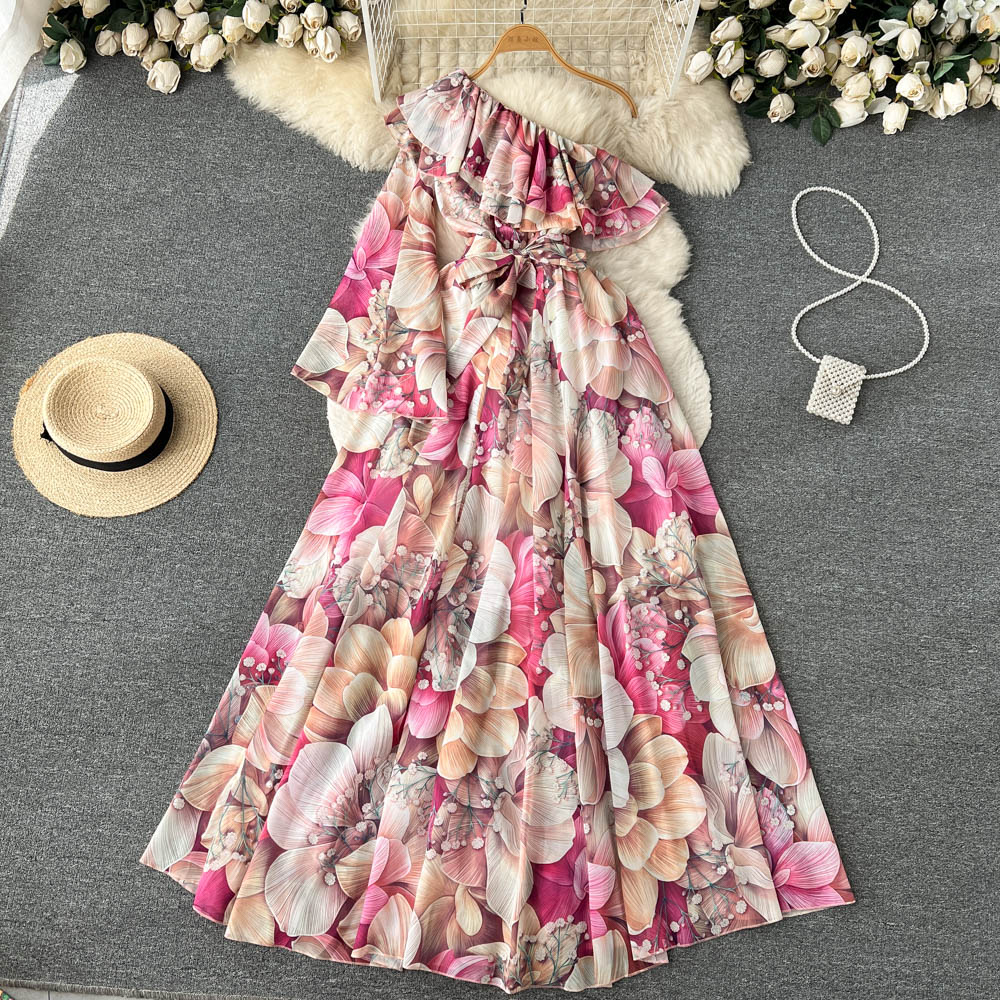 Spring Printed Casual Long Dress for Women One Shoulder Draped Boho Female Vestidos Chic Luxury Beach Vacation Sexy Tierred New voguable