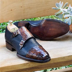 New Monk Shoes Men Shoes PU Colorblock Classic Business Casual Banquet Crocodile Pattern Double Buckle Fashion Dress Shoes voguable