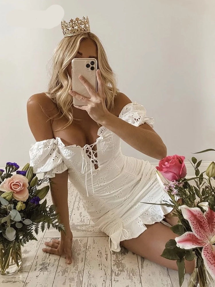 Voguable  Lace up embriodery white summer dress women hollow out beach short dress puff sleeve ruffle ruched bodycon mini dress vestidos voguable