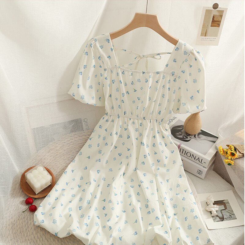 Voguable  Chic Dress Women 2022 Summer Floral Printed Square Collar Puff Sleeves High Waist Slim A-line Vintage Dresses voguable