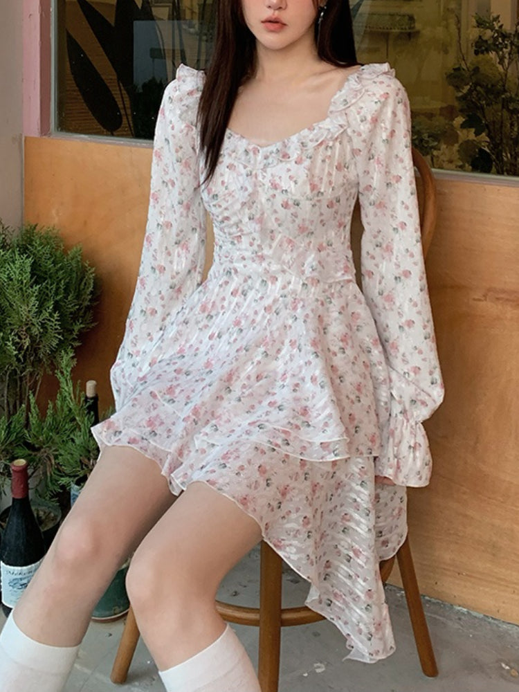 Voguable  2022 Summer Floral Short Party Dress Women Beach V-Neck Y2k Mini Dress Vintage Female Fairy Elegant One Piece Dress Korean Chic voguable