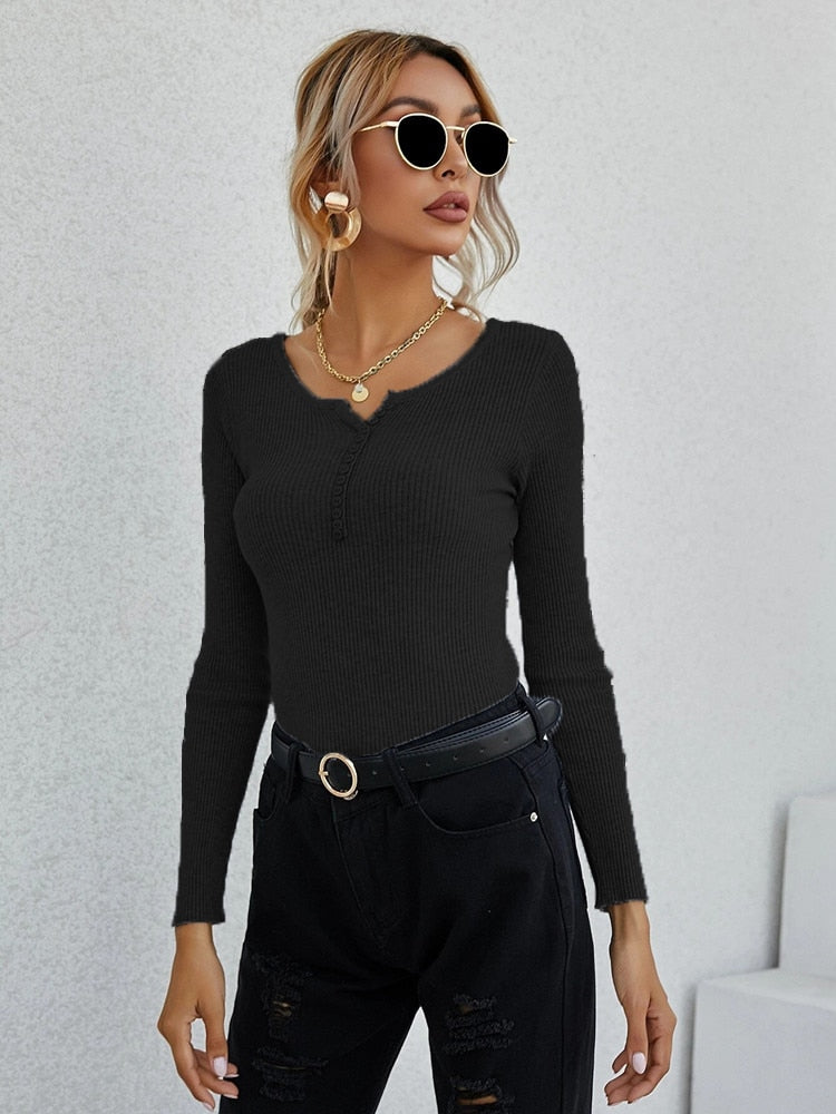 Voguable Summer To Autumn Women Long Sleeve V Neck Button Stretchable Pullover Korean Sweater Femme Jersey Knitted Pull Jumper Clothes voguable