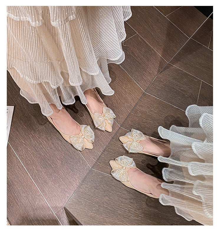Low Heels Pearl Decorateion Shallow Mouth Shoes Casual Female Sneakers All-Match Round Toe Bow-Knot Large Size Women Flats Modis voguable