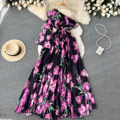 Spring Printed Casual Long Dress for Women One Shoulder Draped Boho Female Vestidos Chic Luxury Beach Vacation Sexy Tierred New voguable