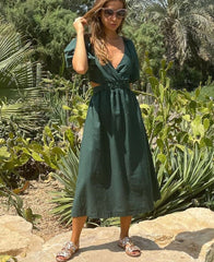 Voguable  V Neck Waist Cut Out Elastic Cotton Green Dress Lantern Sleeve Backless Maxi Summer Dress Elegant Ladies Long Sundress voguable
