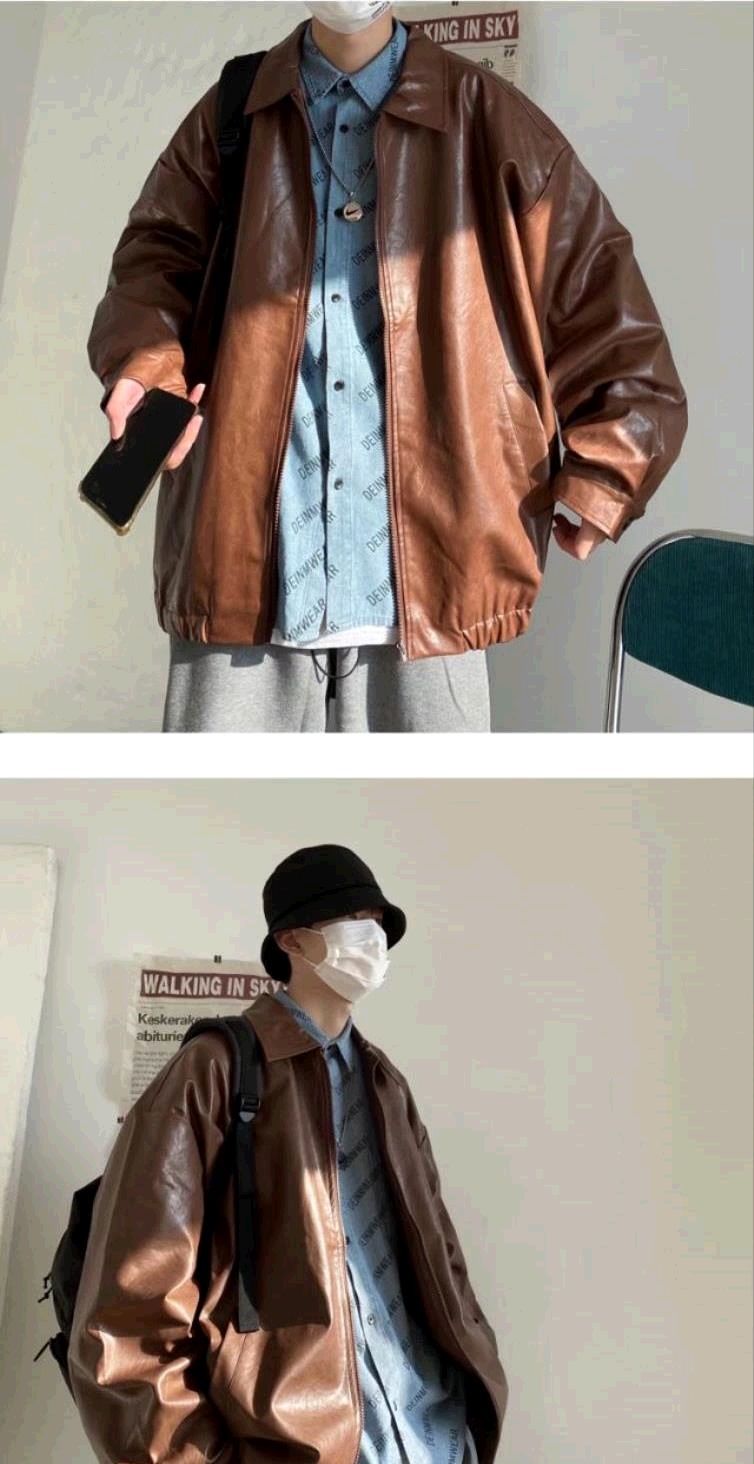 Voguable Pu Leather Jacket Men Brown Retro Motorcycle Jacket Autumn Korean Fashion Fried Street Loose Zipper Bomber Jacket Learher Coats voguable