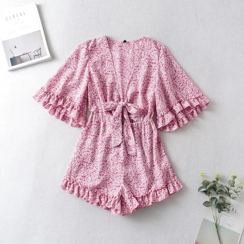 Bell Sleeve Floral Boho Playsuit Romper Spring Summer Women Beach Playsuit Elegant V Neck Pink Romper Women Fashion voguable