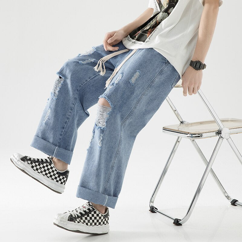 Men Street baggy jeansripped trousers Cross hip hop New Mens Loose Jeans Pants solid color Women oversized  straight Jeans voguable