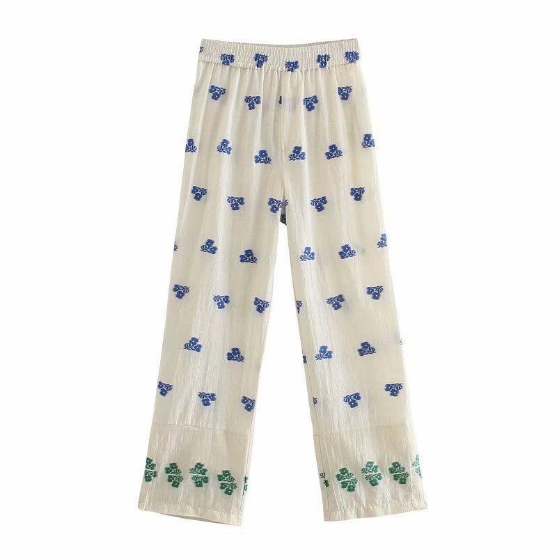 Voguable  Cotton Linen Beige Folk Vintage Sleeveeless Women Sets Casual Crop Top Wide Leg Slip Pants Suits Summer Floral Sets voguable