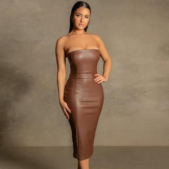Women Sexy Strapless Tube Top Midi Dress Off Shoulder Bodycon Sexy Party Faux Leather Dress vestidos de mujer party dresses voguable
