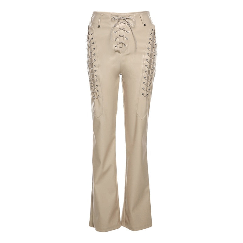 Women's Lace Up PU Leather Pants Chic High Waist Hollow Out Sexy Y2K Drawstring Bandage Cut Out Gothic Faux Leather Trousers voguable