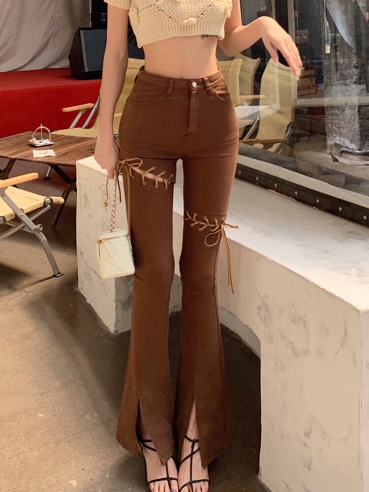 New Fashion Brown Patchwork Bandage Jeans Women Vintage Casual Split Wide Leg Pants Spring Autumn American Trousers voguable