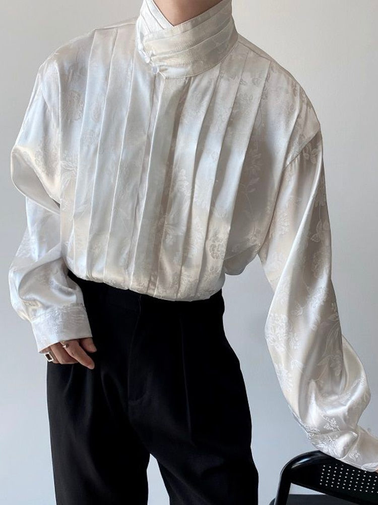 Chinese Pleated Stand Collar Jacquard Satin Trend Men's Shirt Long Sleeved Fashionable Autumn Male Tops Solid Color voguable