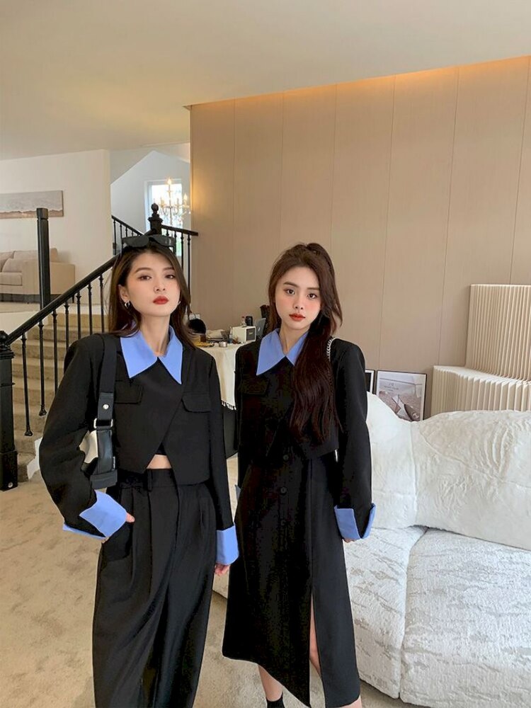 Women Splice Lapel Fashion Solid Short Blazer Coat Crop Top+Straight Pants Two Piece Sets Female Elegant Streetwear Outfits voguable