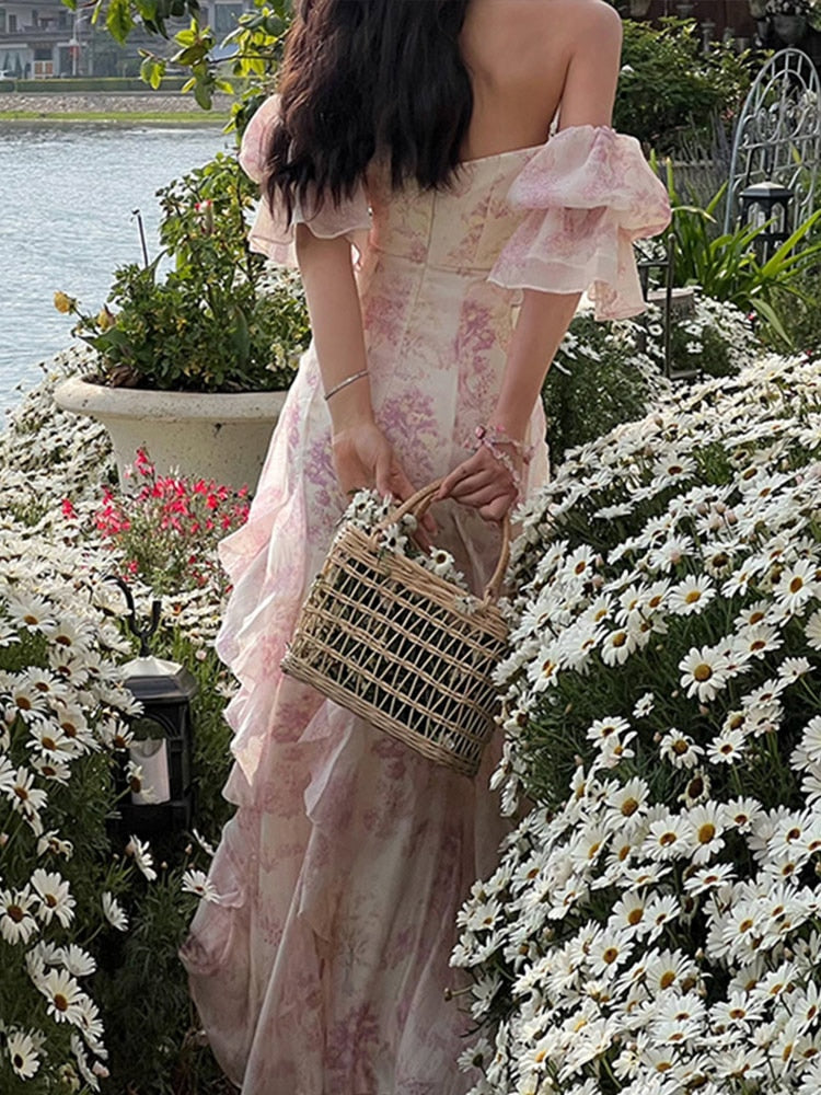 Floral Sweet Women Midi Dress Mesh Elegant Slash Neck Korean Summer Female Dresses Petal Sleeve Fashion Lady Vestido New voguable