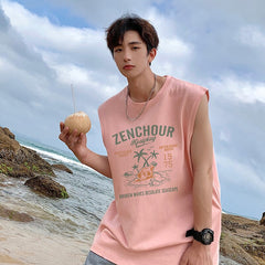 Sleeveless Tank Top Ins American Printed Men Loose T-shirt Beach Sports Casual Tops Male Summer New Cotton Round Neck Tees voguable