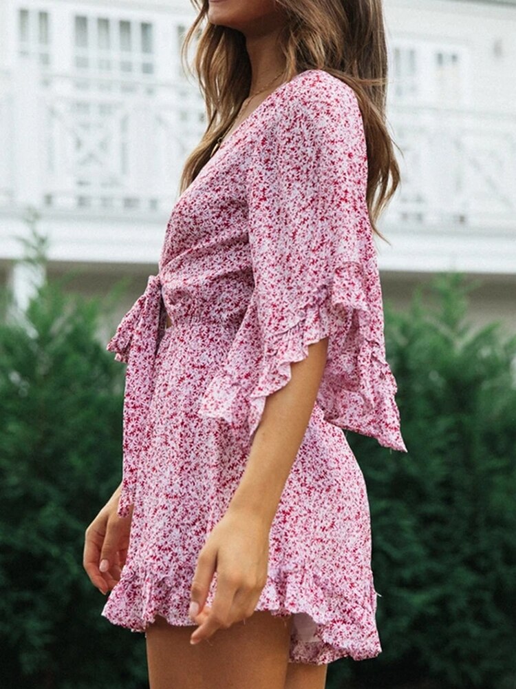 Bell Sleeve Floral Boho Playsuit Romper Spring Summer Women Beach Playsuit Elegant V Neck Pink Romper Women Fashion voguable
