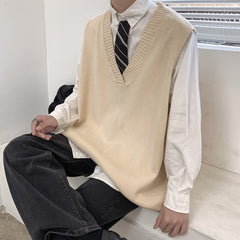 Oversized V-neck Sweater Vest Men Warm Fashion Casual Knitted Pullover Men Korean Loose Sleeveless Sweater Mens Jumper Clothes voguable