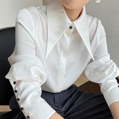 Autumn Vintage Satin Silk Women Shirt Elegant Turn Down Collar Woman Blouse White Long Sleeve Ladies Shirts Tops Blusas voguable