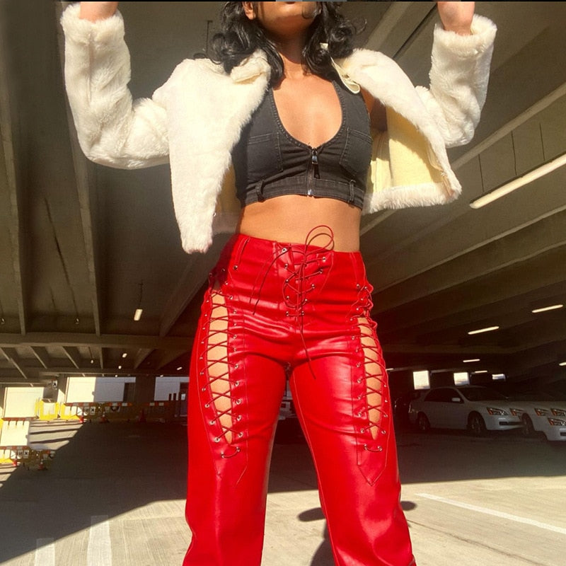 Women's Lace Up PU Leather Pants Chic High Waist Hollow Out Sexy Y2K Drawstring Bandage Cut Out Gothic Faux Leather Trousers voguable