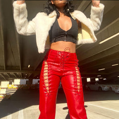 Women's Lace Up PU Leather Pants Chic High Waist Hollow Out Sexy Y2K Drawstring Bandage Cut Out Gothic Faux Leather Trousers voguable