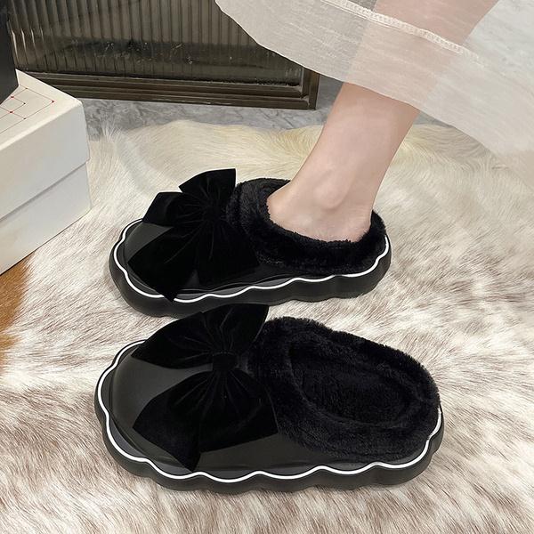 Med Fur Shoes Slippers Casual Slides Cover Toe Platform Slipers Women Butterfly-Knot Plush Luxury Flat Rome PU Fabric Fashi voguable