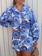 Flower Print Blue Short Sets Women Matching Set Blue Summer Spring Two Pieces Sets Suits Oversized Top Shorts 2023 voguable