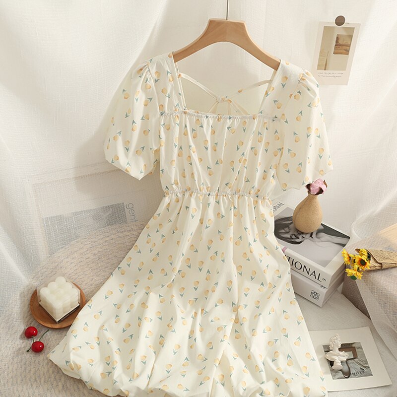 Voguable  Chic Dress Women 2022 Summer Floral Printed Square Collar Puff Sleeves High Waist Slim A-line Vintage Dresses voguable