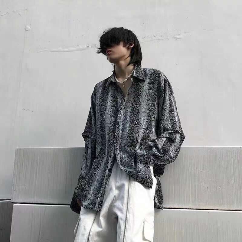 Harajuku vintage leopard shirt men women's design drape loose detachable fake two long-sleeved shirts punk goth hip hop blouse voguable