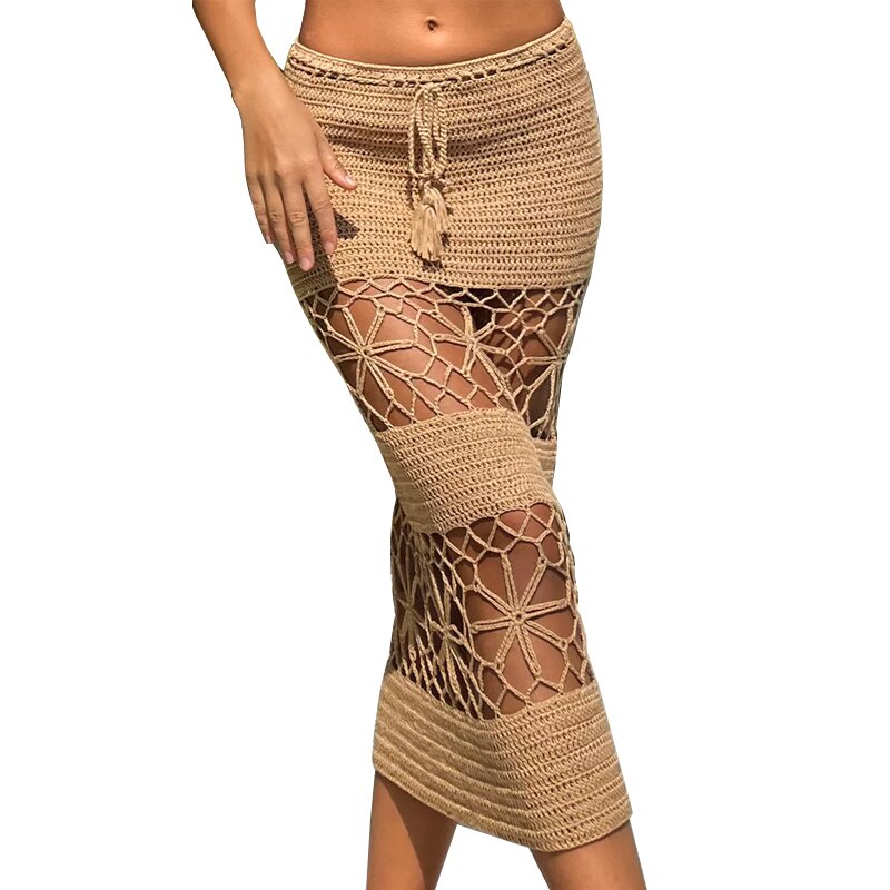 Voguable  Khaki Handmade Crochet Midi Skirts Women Summer Drawstring Waist Hollow Out Long Skirt Beach Bikini Coverup Bottom 2022 voguable