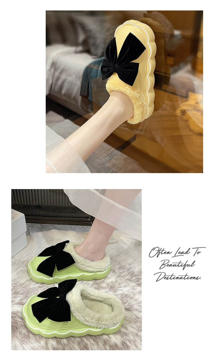 Med Fur Shoes Slippers Casual Slides Cover Toe Platform Slipers Women Butterfly-Knot Plush Luxury Flat Rome PU Fabric Fashi voguable