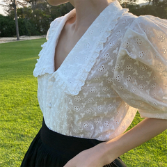 Summer Hollow Flower Lace Blouse Women 2023 Korean Chic Puff Short Sleeve Woman Shirt Peter Pan Collar Solid Loose Tops voguable