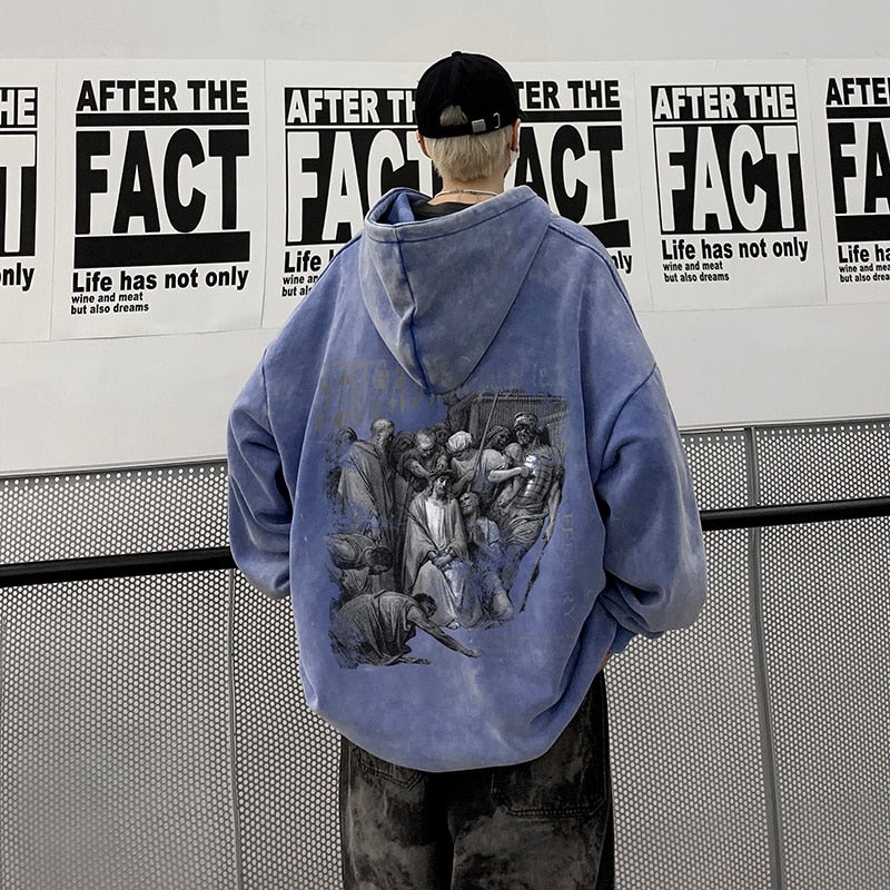 Oversize Dark Style Graphic Men's Acid Washed Hoodies Y2K Vintage Streetwear Loose Man Sweatshirts Male Basic Pullovers voguable