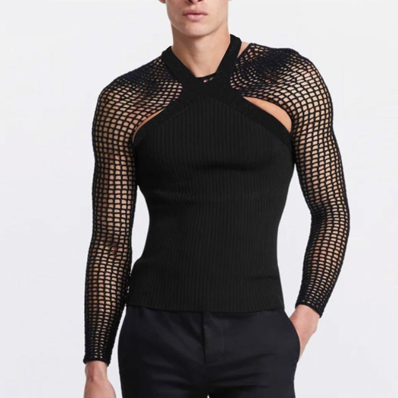 Voguable American Style New Men Vest T-shirts Suits Male Sexy Leisure Mesh Short Vests Hollow Out Long Sleeve Camiseta S-5XL INCERUN 2022 voguable