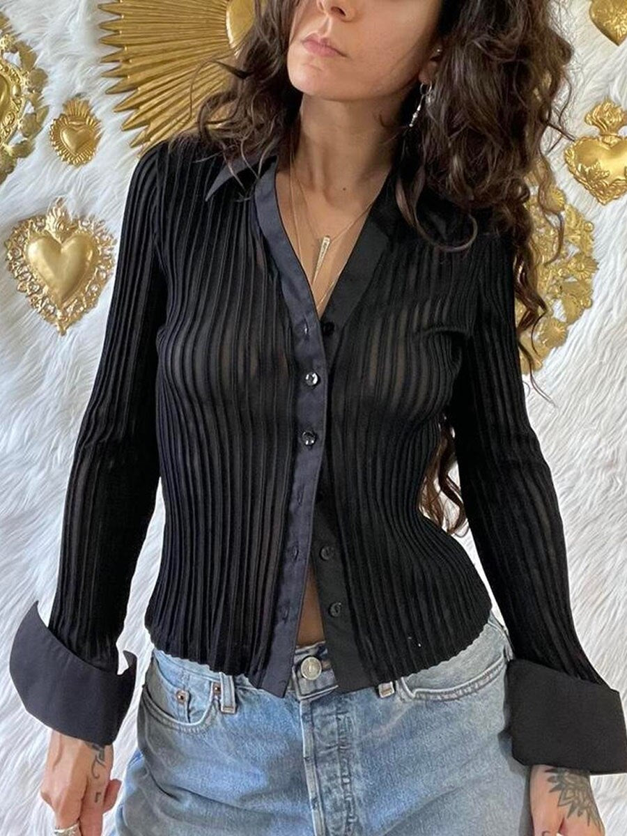 Women Y2K Sheer Mesh Crop Tops Long Flare Sleeve See Through Blouses Sexy Low Cut Cardigan Shirts Trendy Streetwear voguable