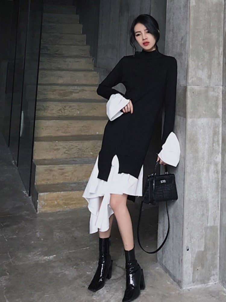 Korean Fashion Women Patchwork Knitted Sweater Dress Autumn New Solid Casual Vintage Ribbed Evening Vestidos Female Clothings voguable