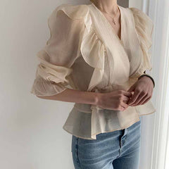 Spring Vintage Chiffon Blouse Women Ruffled V-neck Solid Woman's Shirt Tops Solid Sweet Long Sleeve Female Blouses voguable