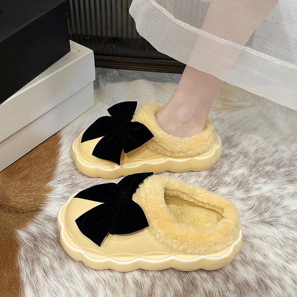 Med Fur Shoes Slippers Casual Slides Cover Toe Platform Slipers Women Butterfly-Knot Plush Luxury Flat Rome PU Fabric Fashi voguable
