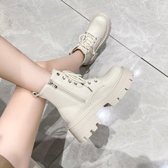 Zipper White Ankle Boots Round Toe Shoes Flat Heel Boots-Women  Low Rock Lolita Autumn Rubber Med Ladies Retro PU Fabric Ba voguable