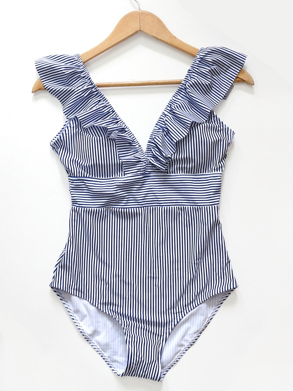 Voguable  2022 Sexy Female Retro V Neck Blue Striped Swimsuit One Piece Ruffled Push Up Padded High Waist Swimwear Women Monokini voguable