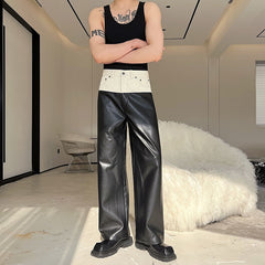 Designer Denim Matching PU Leather Color Contrast Versatile Straight Pants Wide Leg Male Trousers High Street 9A7434 voguable