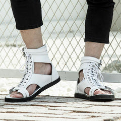 Sandals Men Shoes PU Solid Color Fashion Casual Summer Street Beach Personality Toe Ring Lace-Up Bag Ankle Buckle Sandals CP002 voguable