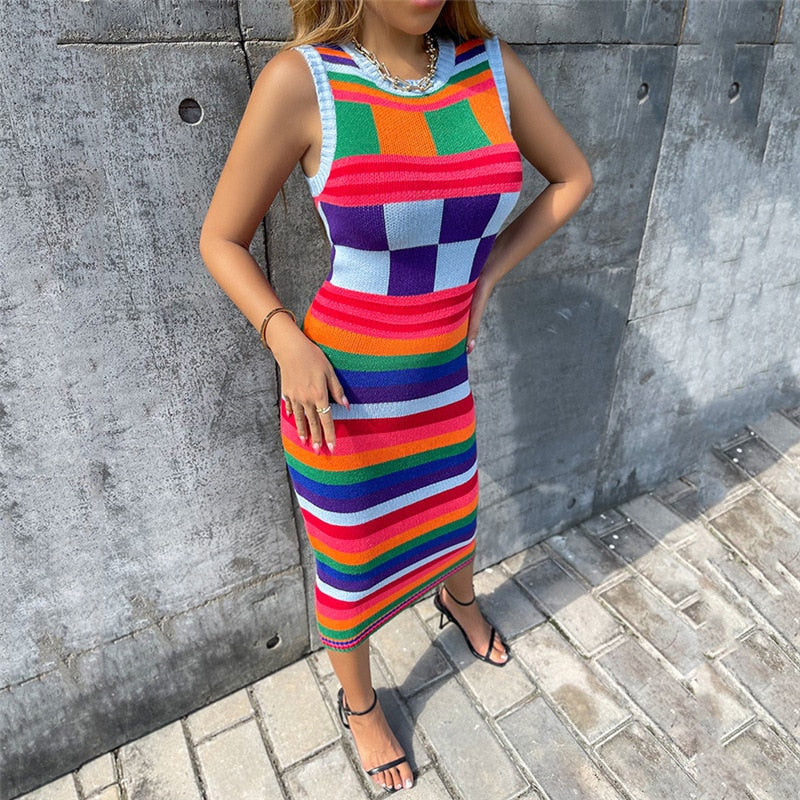 Women Fashion Sleeveless Striped Bodycon Streetwear Knitted Midi Dress  Autumn Clothes Wholesale Items For Business voguable